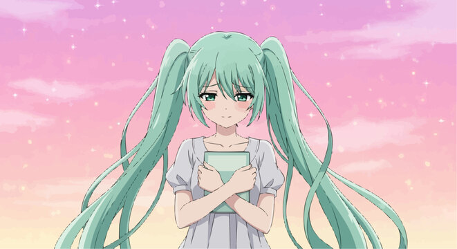 Cute anime girl with mint green hair and shy expression, soft pastel portrait of adorable character in pink background