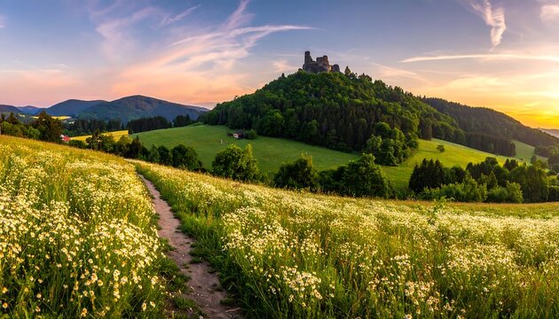 A picturesque pathway winds through a field of wildflowers, leading to a lush hillside with a medieval castle at sunrise.