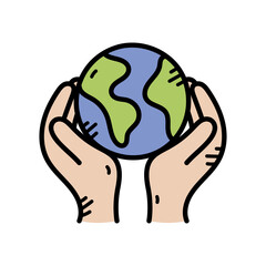 Cupped hands gently holding a stylized planet earth with green continents and blue oceans against a white background symbolizing global care and environmental conservation
