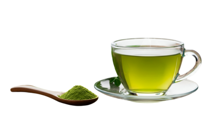 Green Tea in Glass Cup with Powdered Tea on Spoon - Isolated Black Backdrop