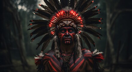 Fototapeta premium Indigenous Man Wearing Elaborate Feather Headdress with Face Paint in Forest Setting