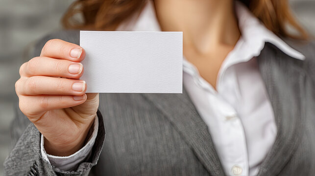 Businesswoman Holding a Blank Business Card Up Close