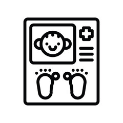 Cute baby ultrasound image icon with facial features and footprints on white background illustration