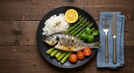 Fresh Grilled Fish with Rice Asparagus Cherry Tomatoes and Lemon on Black Plate