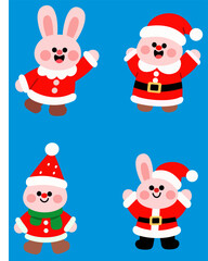 Cute Christmas bunny and Santa Claus icons, kawaii cartoon style, joyful expressions, red festive costumes, winter holiday theme, flat vector illustration, simple and colourfull design, no background.