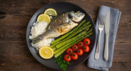 Fresh Grilled Fish with Asparagus Cherry Tomatoes Rice Lemon Slices on Dark Wooden Plate