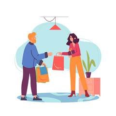 Couple Exchanging Shopping Bags In A Brightly Lit Room With Abstract Blue Background And Potted Plant