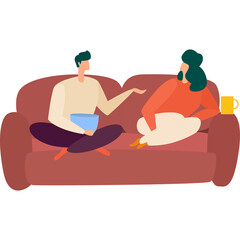Couple Sitting On Sofa Talking Conversation Relationship Indoor Casual Leisure Togetherness