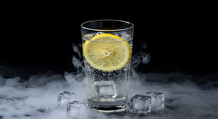 Lemon Infused Sparkling Water in Clear Glass with Ice Cubes on Smoke Effect Background