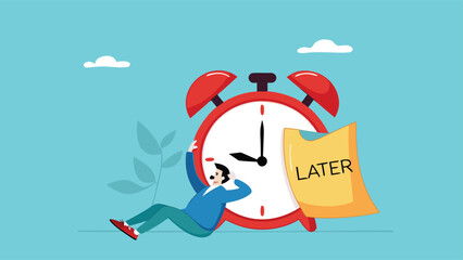 Procrastination or wasting work time with businessman sleeping leaning on an alarm clock with the word later written on paper sticky notes, delaying work or wasting time, laziness to do a task or job
