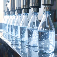 A bottling line fills clear glass bottles with sparkling water, showcasing a smooth, efficient industrial process.