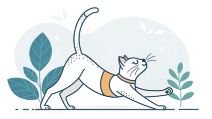 Illustrated stretching cat with a collar and plants against a circular background design element