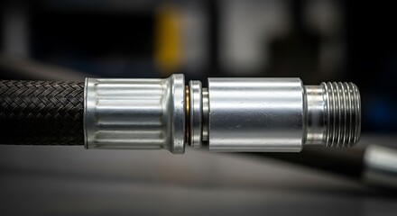 Close-up of a Braided Hose with Silver Fitting and Threads.