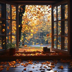 The view outside the window of falling leaves