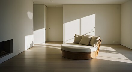 Minimalist Bright Living Room with Round Lounge Chair and Natural Light