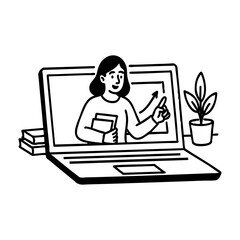 Woman Teaching Online From Laptop Screen Holding Book With Plant And Stacked Books In Background Digital Learning Concept