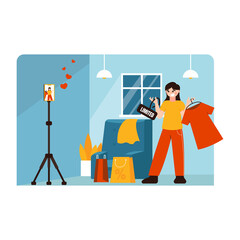 Woman Uses Virtual Reality Headset to Browse Online Clothing Store Shopping Bags and a Red Dress are Visible in a Brightly Lit Room