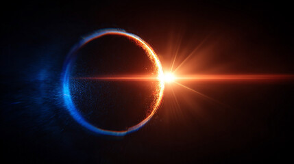 Obraz premium Blue and orange light leak on a dark background with optical lens flare and abstract grainy texture, creating a cinematic, modern, and atmospheric design backdrop. 