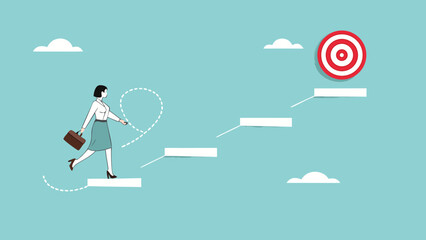 progress toward success or career success, journey to achieve target or business goal, personal development goal for work, way to achieve goal, businesswoman climbs the stairs towards her life's goals