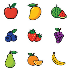Colorful cartoon fruit icons set – cute vector illustration of apple, mango, watermelon, blueberry, strawberry, grapes, pear, orange, and banana on white background
