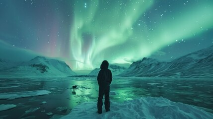 Fototapeta premium The northern lights cast a green glow over a vast, snowy tundra, creating a mesmerizing scene.