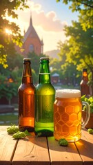 Refreshing craft beers and a glass of light beer on a wooden table outdoors, showcasing a picturesque setting with sunlight filtering through the trees.