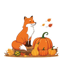 Fototapeta premium Cute flat 2D vector of a peaceful red fox sitting on a wooden log next to a vibrant orange pumpkin and colorful gourds, celebrating a gentle autumn season on a clean white background.