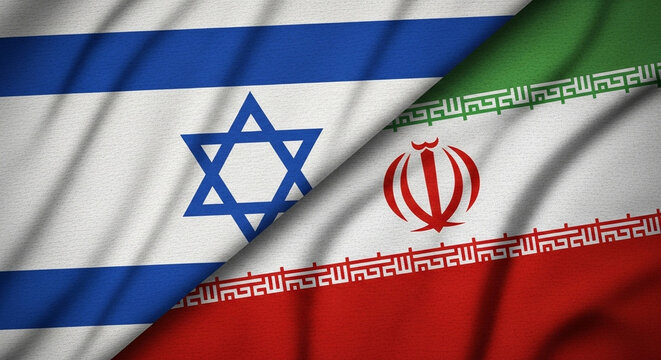 Flags of israel and iran displayed together showing political tension and diplomatic relations issues