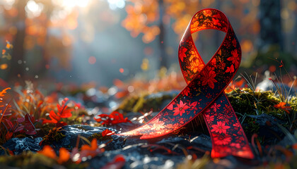 Red Ribbon Symbolizing Hope and Awareness in Autumn Forest.