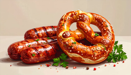 A delicious arrangement of grilled sausages and a fresh pretzel.