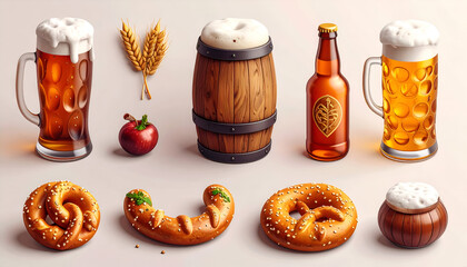 Oktoberfest Feast - Beer, Pretzels, and Sausage Still Life.