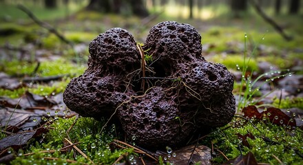 Hydnum Rufescens Mushroom Cluster on Forest Floor in Autumn.