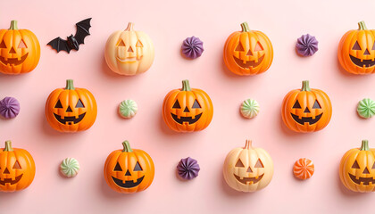 Halloween Pumpkins and Bats on Pink Background.