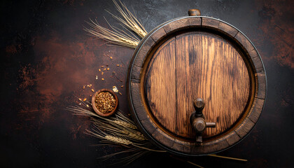 Old wooden oak barrel with wheat ears for brewing beer or whiskey on a rustic dark background.