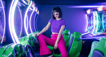 Young woman enthusiastically plays an arcade racing game, enjoying a vibrant, neon-lit entertainment center