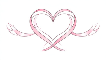 Delicate pink ribbon heart symbol of love and affection watercolor drawing.