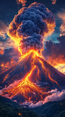 Breathtaking volcanic eruption at dusk, with fiery lava, dense smoke, and glowing skies, showcasing nature&rsquo;s raw power, creation, and destruction in vivid detail.