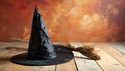 Halloween Witch Hat and Broomstick on Wooden Table with Spooky Background.