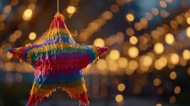 Traditional Star Pi&ntilde;ata Illuminated for Las Posadas Celebration