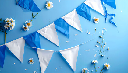 Festive blue and white bunting with floral decorations on a blue background.