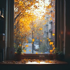 The view outside the window of falling leaves