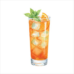 Watercolor Highball Glass Iced Tea Cocktail with Mint on White Background
