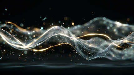 Abstract digital waves with white, gold, and silver reflections on a dark background, forming multicolor cinematic audio waveforms of moonlight particles, evoking AI and futuristic tech.