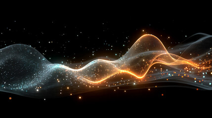 Abstract digital waves with white, gold, and silver reflections on a dark background, forming multicolor cinematic audio waveforms of moonlight particles, evoking AI and futuristic tech.