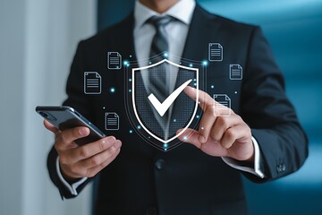 Businessman checking steps through document with a list of checkboxes ,regulation ,practices and policies ,Terms and conditions ,Examination of ethical rules ,Evaluate quality and efficiency