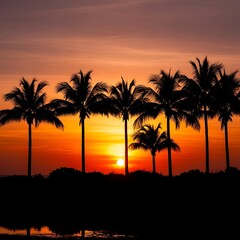 Tropical Sunset Silhouette - Palm Trees Against a Vibrant Sky.