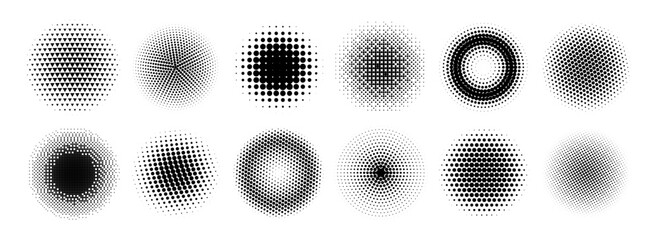 Halftone radial gradient collection. Dotted textured round patterns. Comic faded circles background set. Pixelated element pack for frame, poster, collage, banner, flyer. Vector cartoon bundle