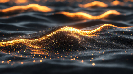 Abstract digital waves with white, gold, and silver reflections on a dark background, forming multicolor cinematic audio waveforms of moonlight particles, evoking AI and futuristic tech.