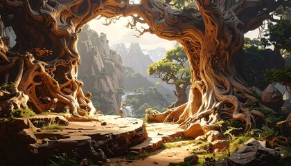 A breathtaking, sunlit vista, framed by colossal, intricately carved tree roots, showcasing a serene valley with a waterfall and distant mountains.