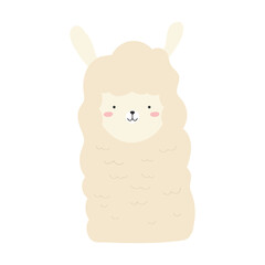 Cute Cream Colored Alpaca Character with Fluffy Wool and Pink Cheeks Isolated on White Background